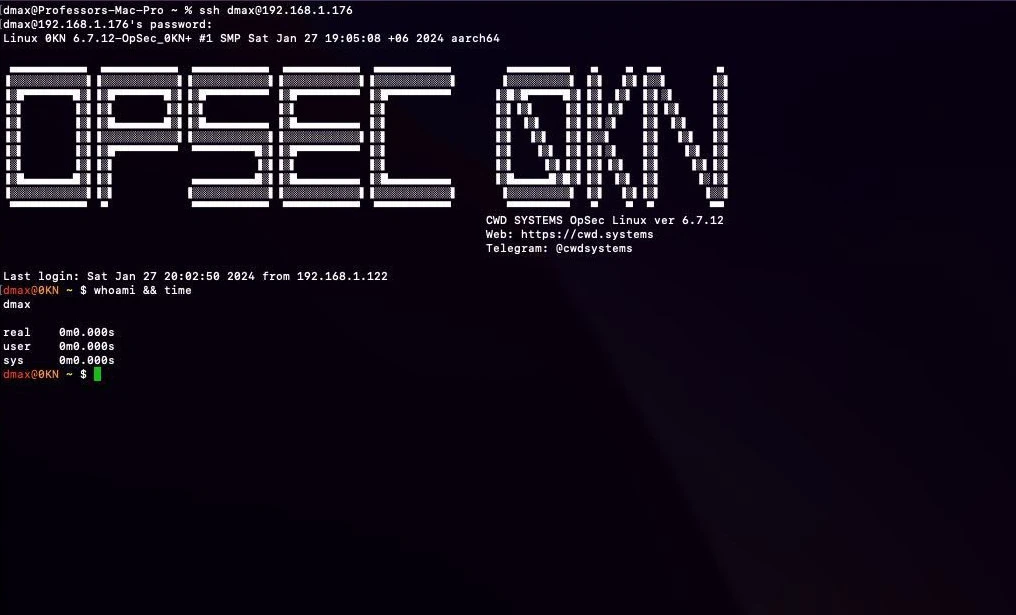 Figure 1: Screenshot showing device running 0KN's custom OpSec Linux Kernel